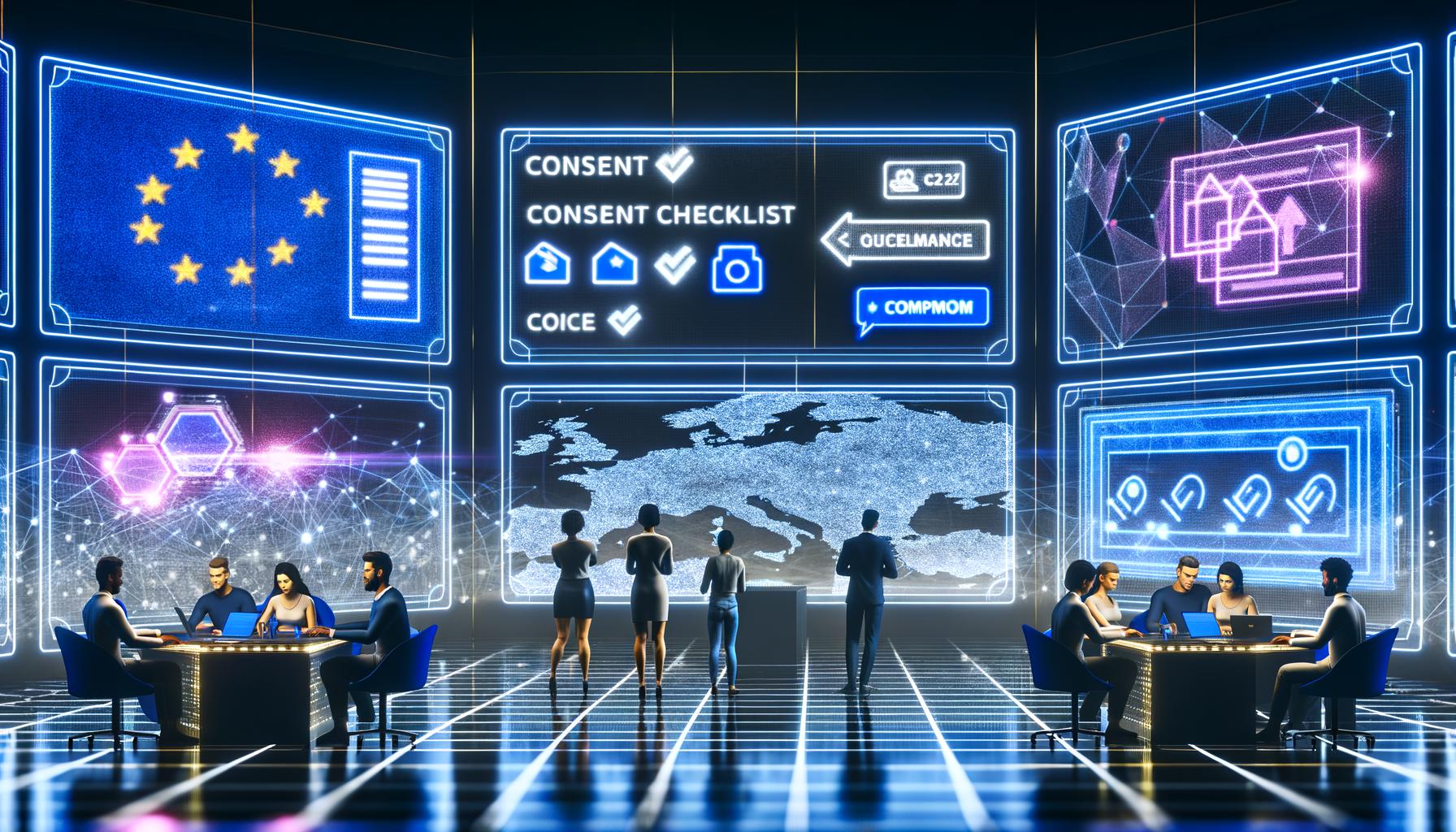 Futuristischer Kontrollraum mit mehreren Bildschirmen, auf denen komplexe Daten, Consent-Banner und Compliance-Checklisten gezeigt werden. Im Vordergrund Marketerin, Entwickler und Unternehmenschef, die die Herausforderungen des Digital Services Act betrachten.