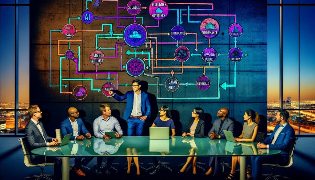 Geschäfts-Team diskutiert am großen Glastisch in modernem Büro über skalierbare KI-Architekturen und Datenpipelines, während auf der Wand ein farbenkräftiges Flowchart zu KI, MLOps und Model Governance zu sehen ist.