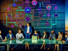 Geschäfts-Team diskutiert am großen Glastisch in modernem Büro über skalierbare KI-Architekturen und Datenpipelines, während auf der Wand ein farbenkräftiges Flowchart zu KI, MLOps und Model Governance zu sehen ist.