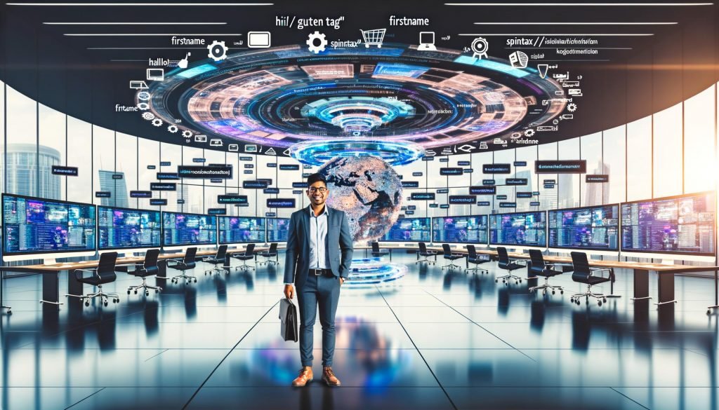 Futuristischer Arbeitsplatz mit Marketer an Monitoren, auf denen Phantombuster-Automatisierungen, farbige Datencharts, variablen Prompt-Templates und Social Media Wachstumsgrafiken zu sehen sind.