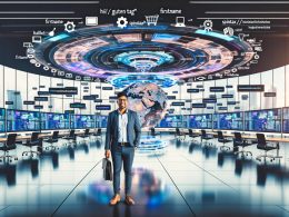 Futuristischer Arbeitsplatz mit Marketer an Monitoren, auf denen Phantombuster-Automatisierungen, farbige Datencharts, variablen Prompt-Templates und Social Media Wachstumsgrafiken zu sehen sind.