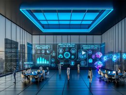 Futuristisches Büro: Vielfältige Profis an großen digitalen Bildschirmen mit Infografiken, KI-Grafiken und Marketing-Dashboards, holografische Darstellungen und moderne urbane Aussicht.