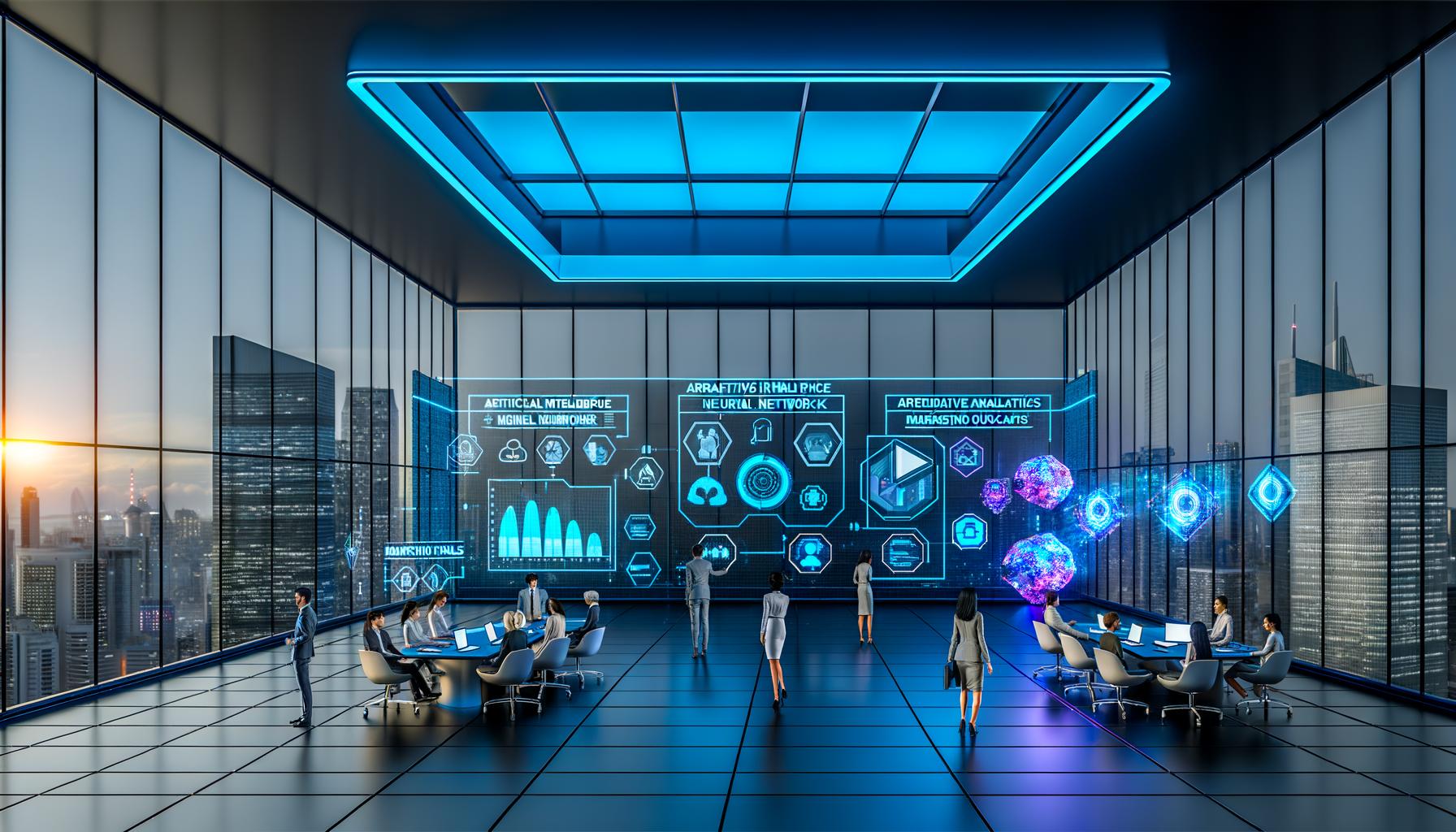 Futuristisches Büro: Vielfältige Profis an großen digitalen Bildschirmen mit Infografiken, KI-Grafiken und Marketing-Dashboards, holografische Darstellungen und moderne urbane Aussicht.