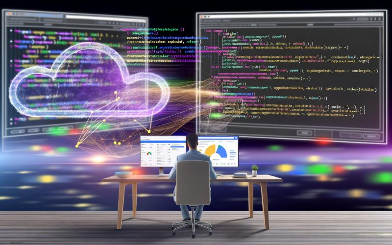 Digitales Büro mit Marketer, Google Ads Dashboards, JavaScript-Code und automatisierten Kampagnenanzeigen, umgeben von Datenfluss- und Cloud-Grafiken.