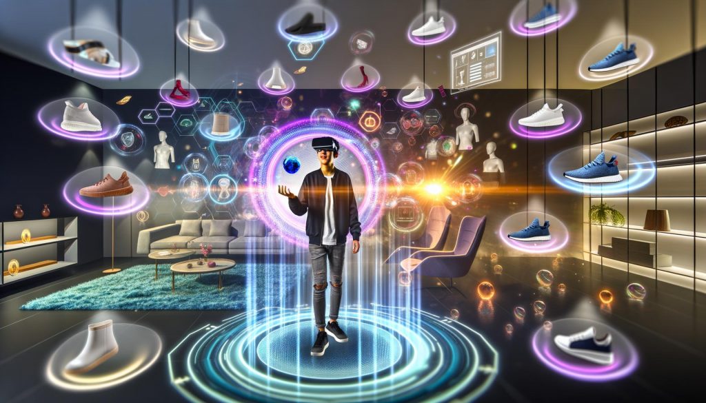 Stylischer junger Mann mit VR-Brille steuert Hologramme in einem digitalen Einkaufsraum mit schwebenden Produkten und interaktiven Interfaces.