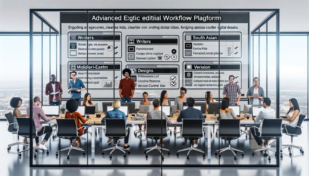 Modernes, offenes Büro mit digitalem Dashboard an Glaswand, wo ein diverses Redaktionsteam an Laptops und Tablets effizient zusammenarbeitet.