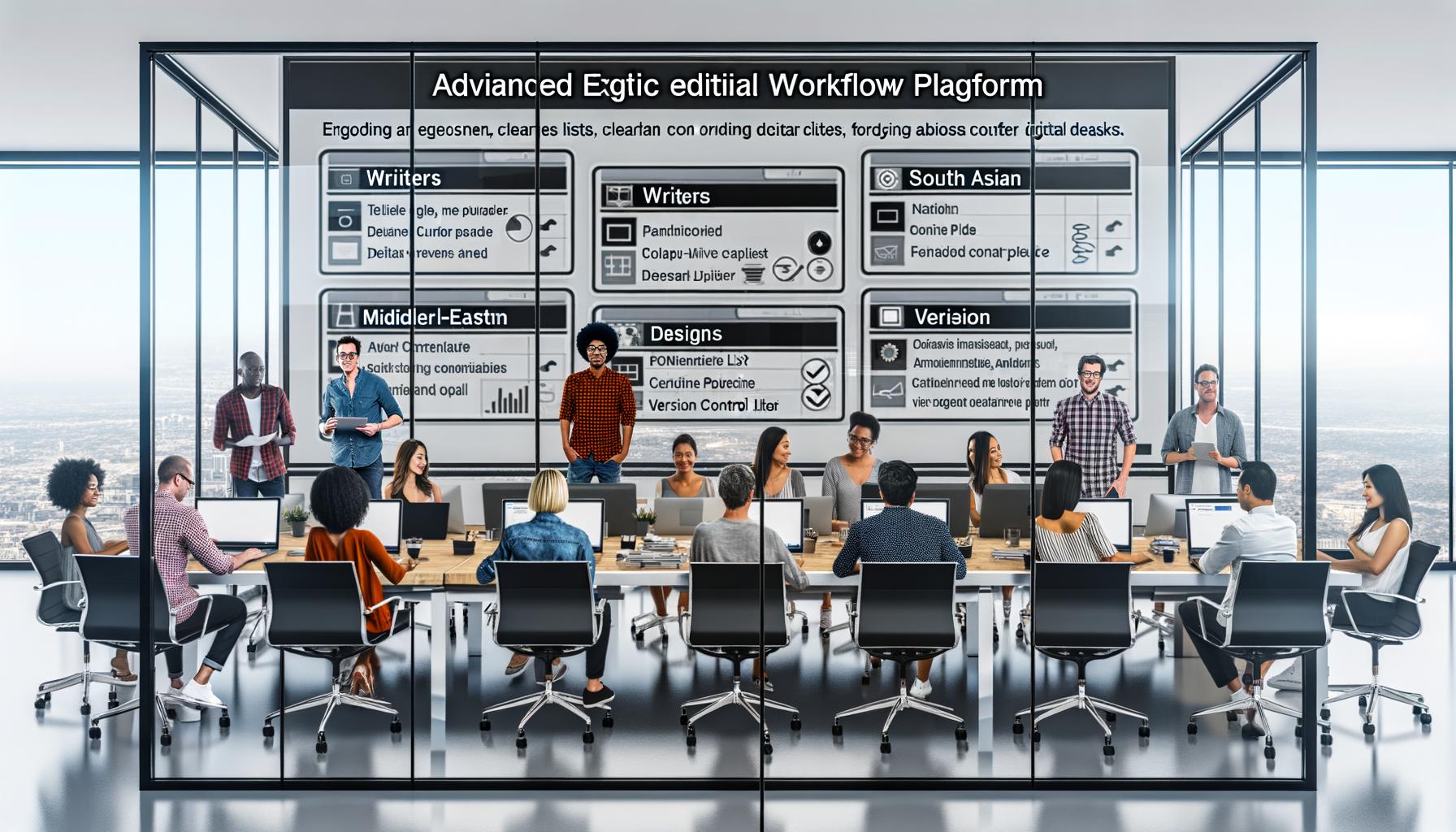Modernes, offenes Büro mit digitalem Dashboard an Glaswand, wo ein diverses Redaktionsteam an Laptops und Tablets effizient zusammenarbeitet.