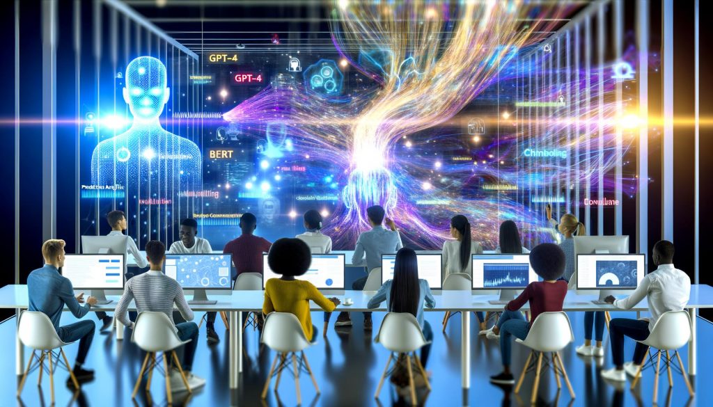 Dynamische Grafik eines modernen Büros mit jungen Marketern, transparenten digitalen Dashboards, neuronalen Netzwerken und leuchtenden Datenströmen im Stil eines Editorials.