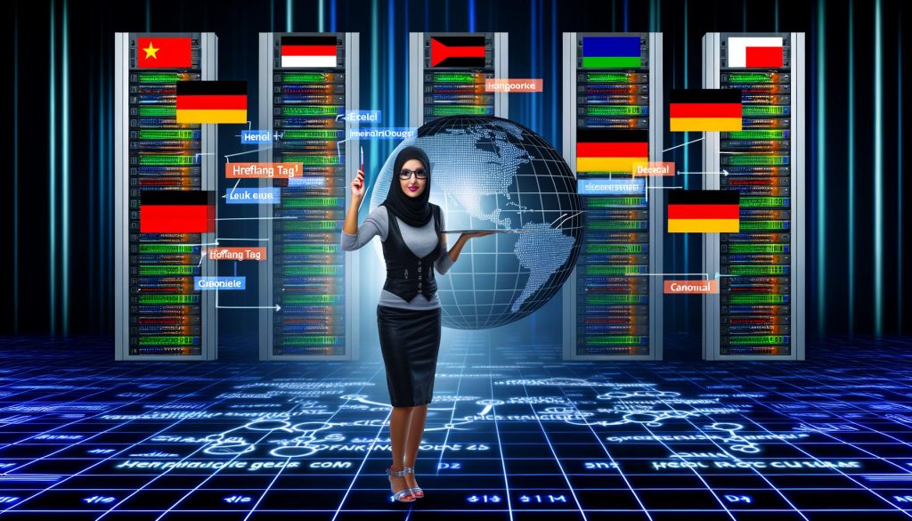 SEO-Experte analysiert vor Whiteboard mit Diagrammen zu hreflang und Canonical internationale Webseiten auf mehreren Screens, Serverracks im Hintergrund.