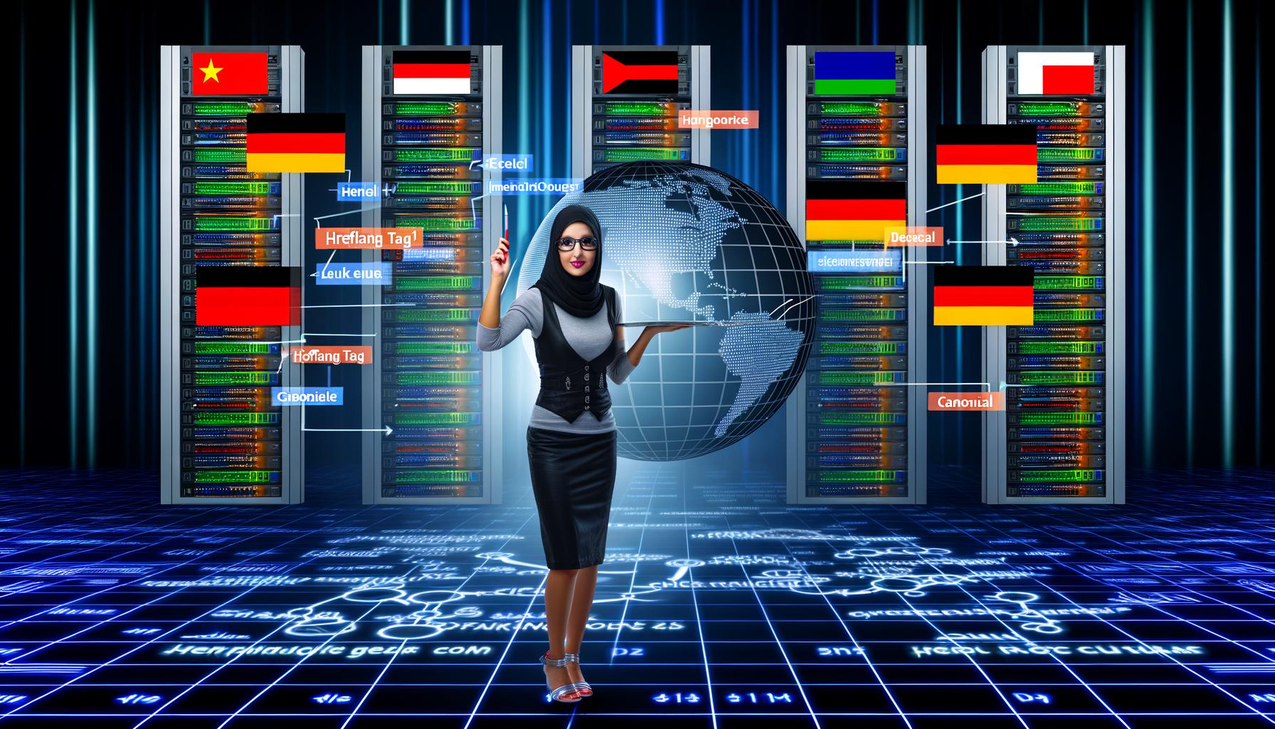 SEO-Experte analysiert vor Whiteboard mit Diagrammen zu hreflang und Canonical internationale Webseiten auf mehreren Screens, Serverracks im Hintergrund.