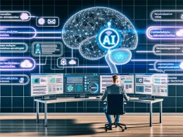 Marketer im modernen Büro mit KI-gestützten Tools an mehreren Bildschirmen, deutsche Benutzeroberflächen, KI-Gehirn im Hintergrund und Schlagwörter wie Automatisierung und Personalisierung.