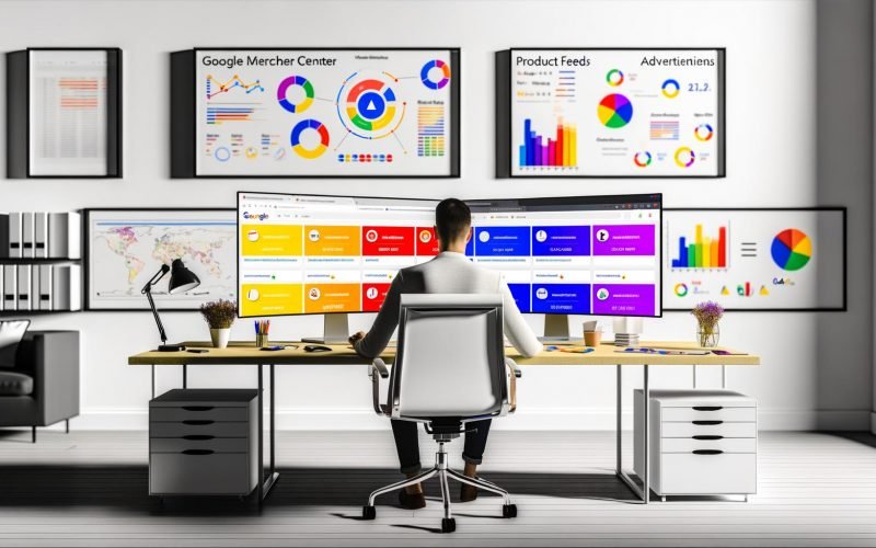 E-Commerce-Manager an einem modernen Arbeitsplatz mit Google Merchant Center Dashboard, mehreren Monitoren, Laptop und Whiteboard mit Produkt- und Verkaufsdiagrammen