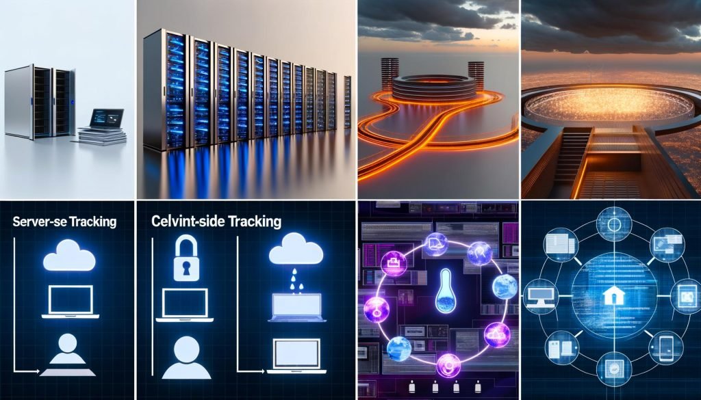 Moderne Serverlandschaft mit Datenstrom vom zentralen Server zu verschiedenen Geräten, stilisierte Browserfenster mit Cookies und Adblocker-Icons, entschlossener Marketer vor präzisem Monitoring-Dashboard, Technologiediagramme zum Vergleich von Client Side und Server Side Tracking, sowie Visualisierung aktueller Tracking-Tools.