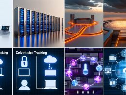 Moderne Serverlandschaft mit Datenstrom vom zentralen Server zu verschiedenen Geräten, stilisierte Browserfenster mit Cookies und Adblocker-Icons, entschlossener Marketer vor präzisem Monitoring-Dashboard, Technologiediagramme zum Vergleich von Client Side und Server Side Tracking, sowie Visualisierung aktueller Tracking-Tools.