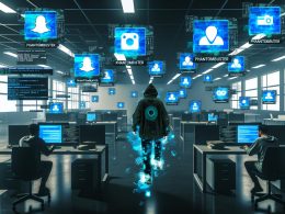 Großraumbüro mit Automatisierungsprozessen, leuchtenden Monitoren, Phantombuster-Logos und einer Person, die entschlossen Code tippt, neben klassischen Papier-Listen-Kopierern.