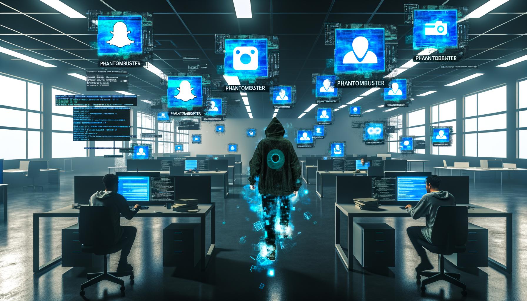 Großraumbüro mit Automatisierungsprozessen, leuchtenden Monitoren, Phantombuster-Logos und einer Person, die entschlossen Code tippt, neben klassischen Papier-Listen-Kopierern.