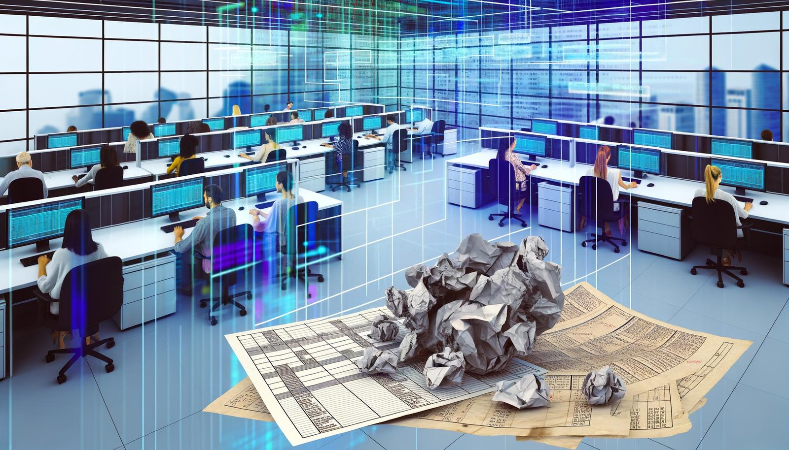 Großraumbüro mit Teams an Laptops, digitalen Workflows auf Bildschirmen und kontrastierendem alten Papierchaos im Vordergrund