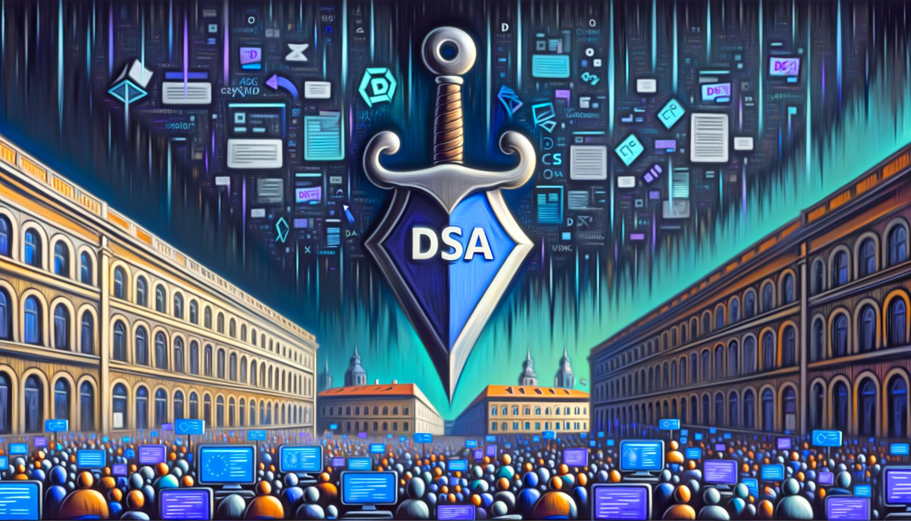 Konzeptuelle Illustration mit einem großen Schwert, das mit 'DSA' beschriftet ist und über einem digitalen Marktplatz in europäischer Stadtkulisse hängt, umgeben von Tech-Profis, Computern, Werbeanzeigen und Datenströmen.