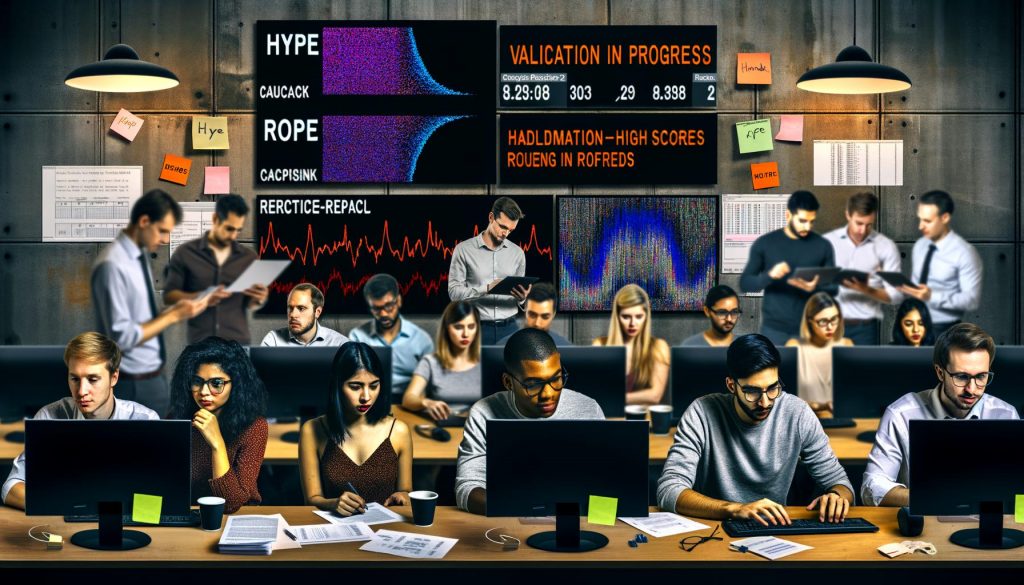 Dynamisches Data-Science-Labor mit multikulturellem Team, das an Bildschirmen mit Machine-Learning-Diagrammen, Sticky Notes und halbvoller Kaffeetasse arbeitet. Im Hintergrund Gegenüberstellung von Data-Hype und Handwerk.