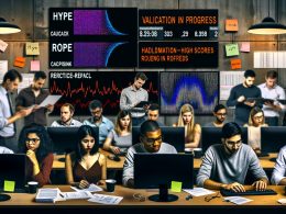 Dynamisches Data-Science-Labor mit multikulturellem Team, das an Bildschirmen mit Machine-Learning-Diagrammen, Sticky Notes und halbvoller Kaffeetasse arbeitet. Im Hintergrund Gegenüberstellung von Data-Hype und Handwerk.