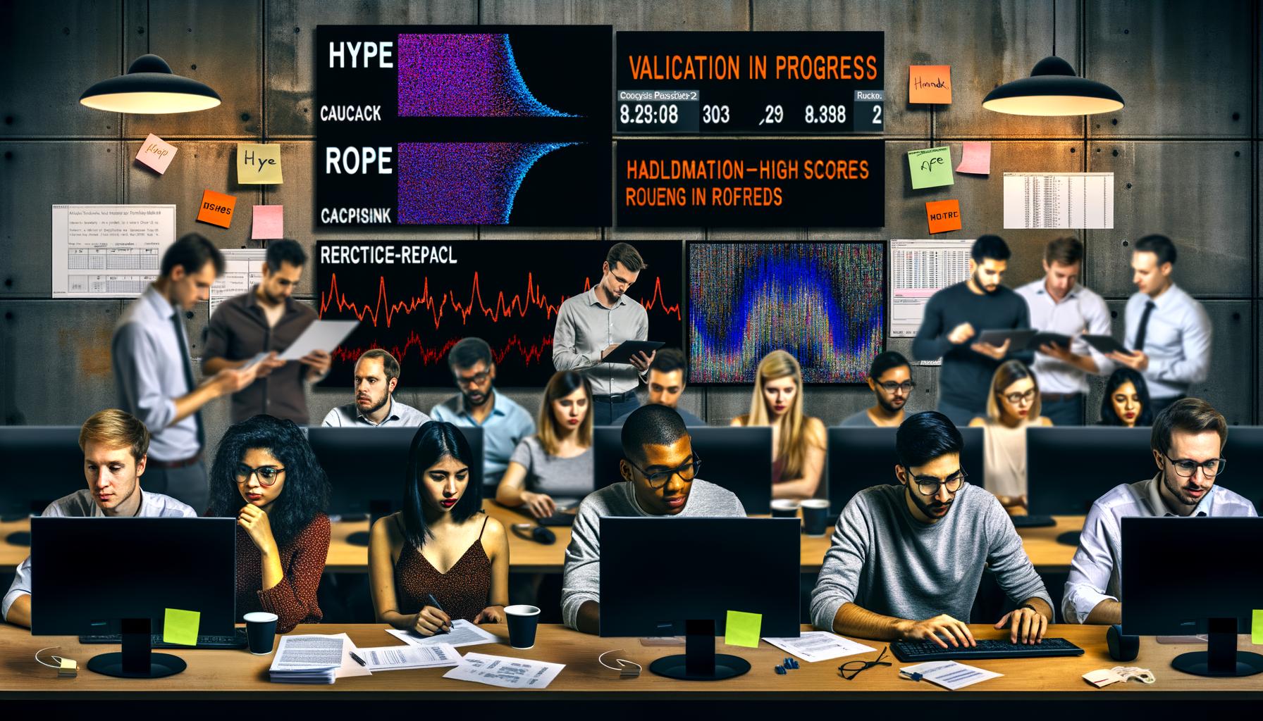 Dynamisches Data-Science-Labor mit multikulturellem Team, das an Bildschirmen mit Machine-Learning-Diagrammen, Sticky Notes und halbvoller Kaffeetasse arbeitet. Im Hintergrund Gegenüberstellung von Data-Hype und Handwerk.