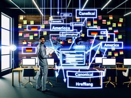 SEO-Spezialist in einem modernen Büro mit mehreren Monitoren, die internationale Website-Dashboards und HTML-Code mit Canonical- und Hreflang-Tags zeigen. Aufkleber mit internationalen Flaggen und ein Whiteboard mit SEO-Strategien sind sichtbar.