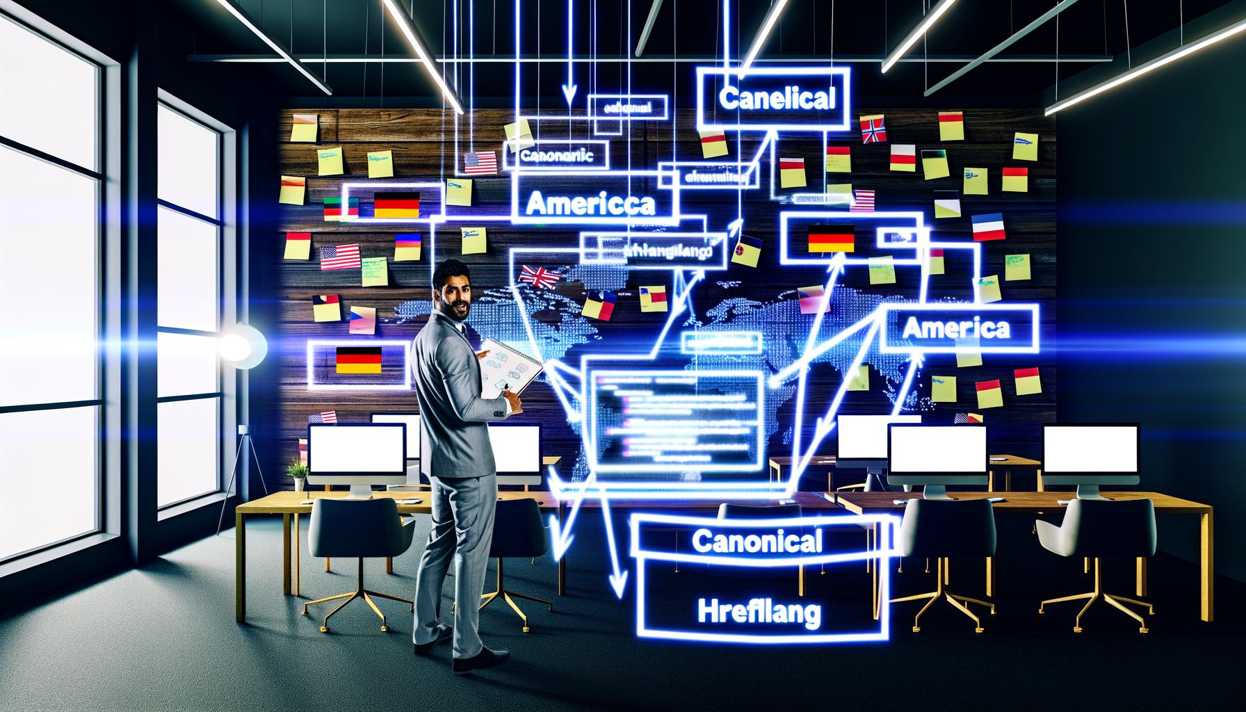 SEO-Spezialist in einem modernen Büro mit mehreren Monitoren, die internationale Website-Dashboards und HTML-Code mit Canonical- und Hreflang-Tags zeigen. Aufkleber mit internationalen Flaggen und ein Whiteboard mit SEO-Strategien sind sichtbar.