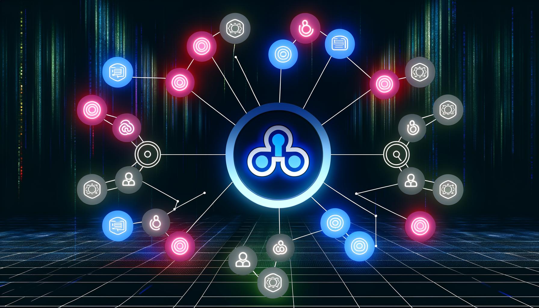 Stilisierte Darstellung eines digitalen Arbeitsbereichs mit zentralem n8n-Logo, vernetzten Workflows und Icons von Slack, Google Sheets sowie APIs auf düsterem, futuristischen Hintergrund.