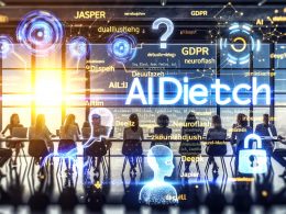 Redaktionelle Illustration eines Marketing-Teams im Büro mit holografischen Daten-Dashboards, deutschsprachigen KI-Symbolen, DSGVO-Elementen und Tools wie Jasper, Neuroflash und DeepL.