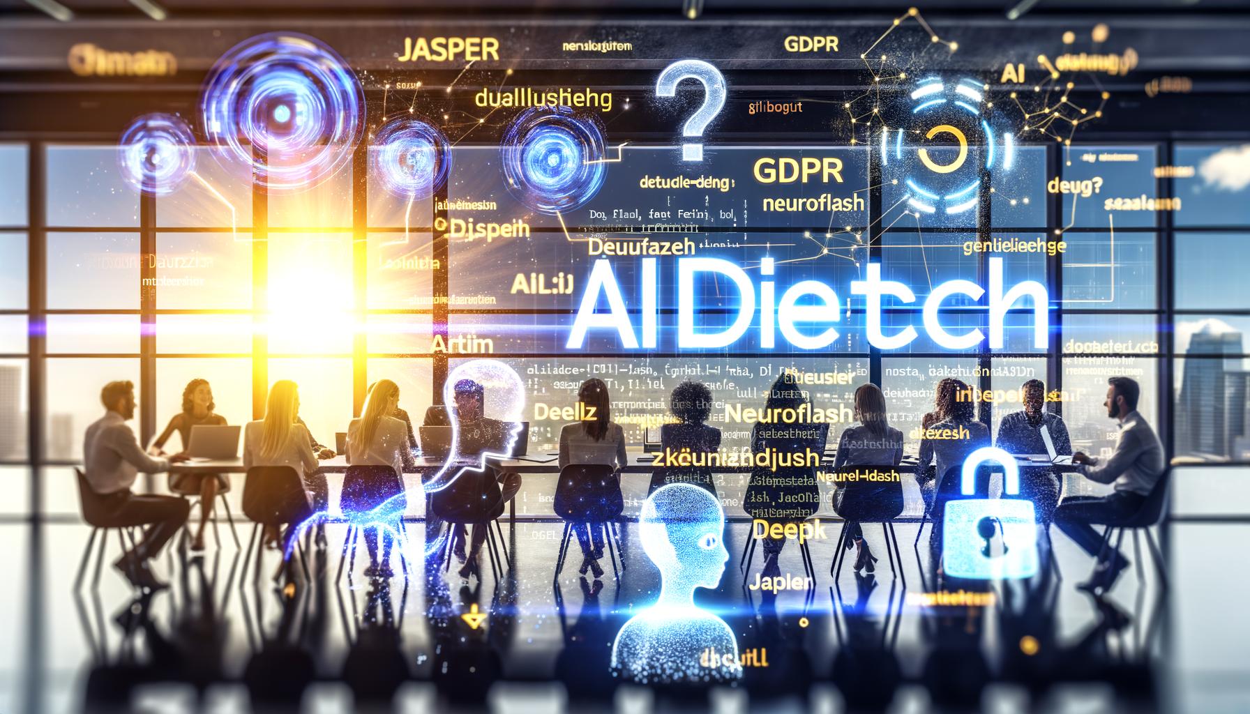 Redaktionelle Illustration eines Marketing-Teams im Büro mit holografischen Daten-Dashboards, deutschsprachigen KI-Symbolen, DSGVO-Elementen und Tools wie Jasper, Neuroflash und DeepL.