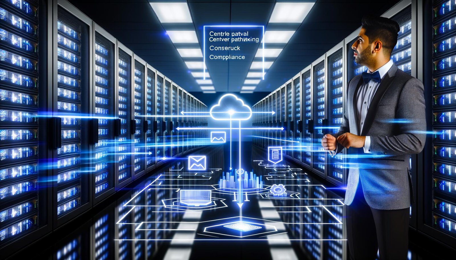 Futuristisch beleuchtetes Data Center mit modernen Server-Racks, digitalen Verbindungslinien und einer Marketerin, die ein transparentes Dashboard mit Datenschutz-Checkmarks und Compliance-Symbolen betrachtet.
