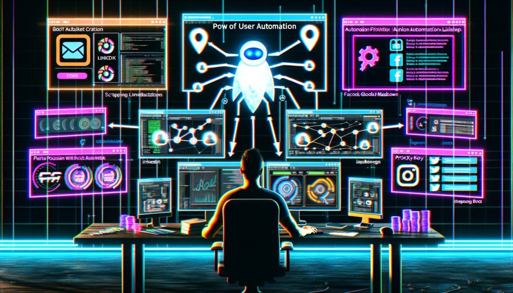 Cyberpunk Arbeitsplatzszene mit Marketer vor Monitoren, die Social Media Dashboards, Automatisierungsdiagramme und Code zeigen. Ein halbtransparenter Bot-Icon verbindet LinkedIn, Instagram, Facebook und Google Maps mit leuchtenden API-Verbindungen.