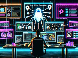 Cyberpunk Arbeitsplatzszene mit Marketer vor Monitoren, die Social Media Dashboards, Automatisierungsdiagramme und Code zeigen. Ein halbtransparenter Bot-Icon verbindet LinkedIn, Instagram, Facebook und Google Maps mit leuchtenden API-Verbindungen.