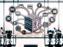 Modernes Redaktionsbüro mit Team vor digitalem Dashboard und vernetzten Tools wie Trello, Asana, Notion und WordPress; Automatisierungs- und Datenflusssymbole; veraltete Elemente in Graustufen im Hintergrund.