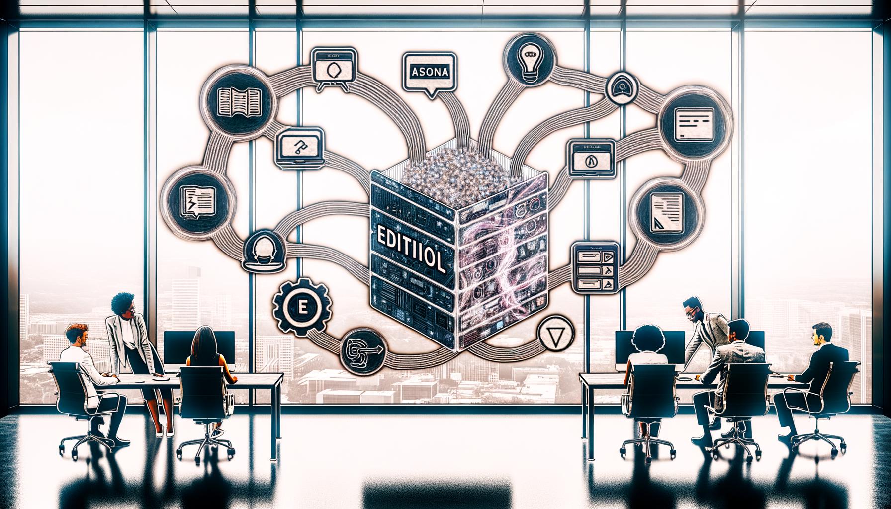 Modernes Redaktionsbüro mit Team vor digitalem Dashboard und vernetzten Tools wie Trello, Asana, Notion und WordPress; Automatisierungs- und Datenflusssymbole; veraltete Elemente in Graustufen im Hintergrund.