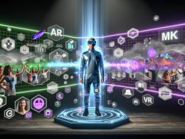 Futuristisch gekleideter Marketer steuert holografische XR-Interfaces in einem neonbesprühten Kontrollzentrum, während digitale und reale Welten mit Werbebannern und XR-Brand-Experience verschmelzen.