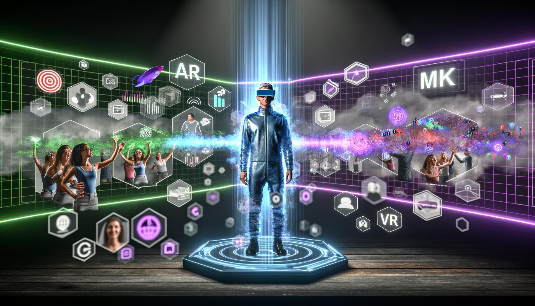 Futuristisch gekleideter Marketer steuert holografische XR-Interfaces in einem neonbesprühten Kontrollzentrum, während digitale und reale Welten mit Werbebannern und XR-Brand-Experience verschmelzen.