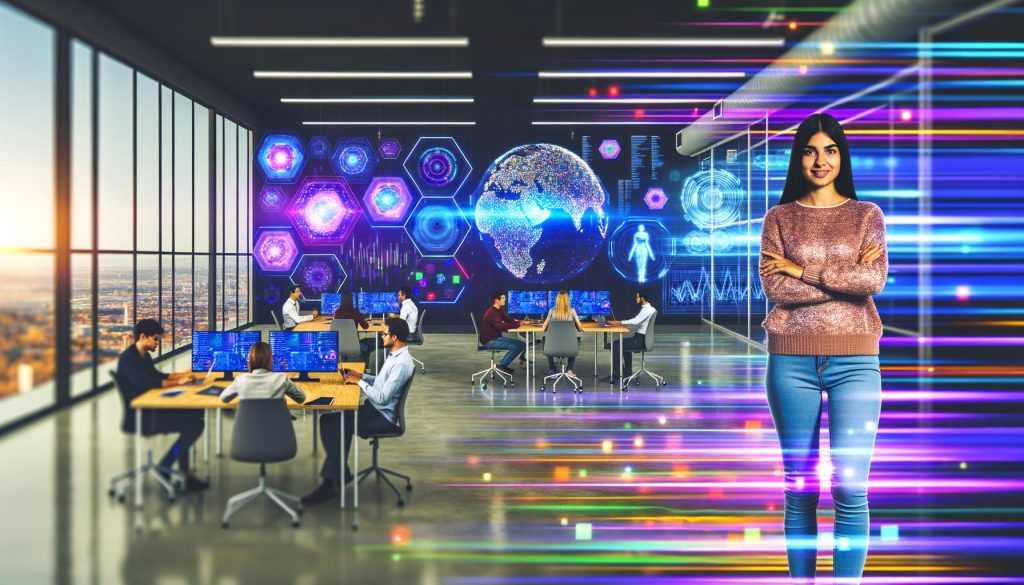 Modernes Großraumbüro mit Teams, die an Laptops arbeiten; große Bildschirme mit Datenvisualisierungen, KI-Modellen und Marketingdashboards; junge Marketingmanagerin im Vordergrund; holografische neuronale Netzwerk-Projektionen an den Wänden.