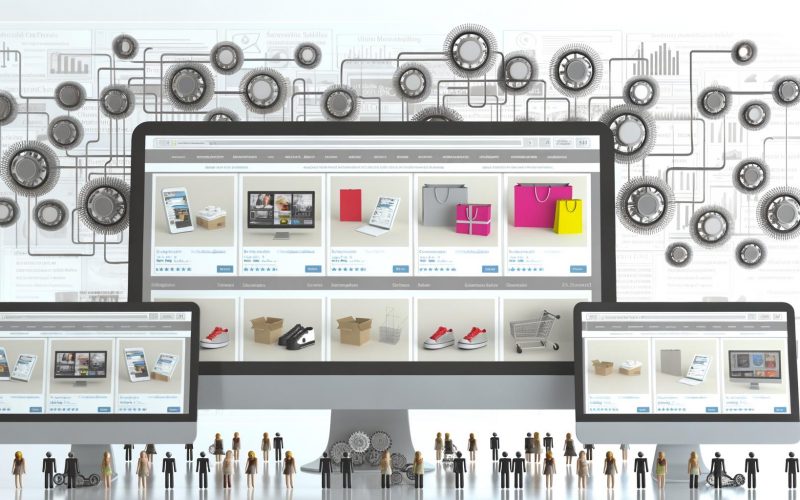 Digitale Shopping-Plattform mit farbenfrohen Produktkacheln, übersichtlichen Informationen, interagierenden Nutzern und abstrakten Datenströmen im Hintergrund.