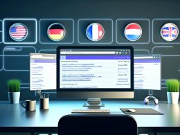 Moderner Arbeitsplatz mit Bildschirmen, die Google Search Console Einstellungen, Länderausrichtung und internationale SEO-Tools für verschiedene Länder anzeigen