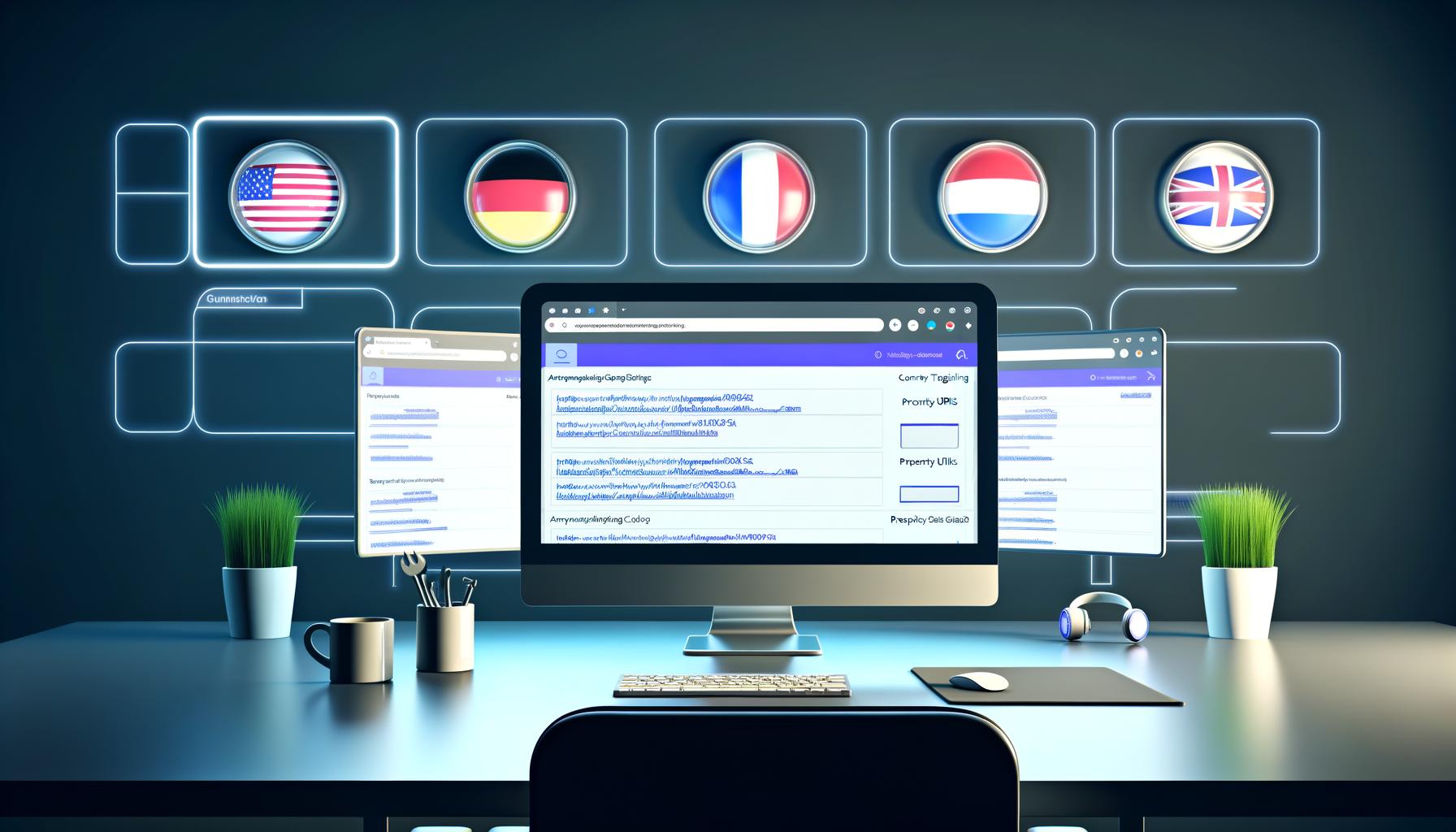 Moderner Arbeitsplatz mit Bildschirmen, die Google Search Console Einstellungen, Länderausrichtung und internationale SEO-Tools für verschiedene Länder anzeigen
