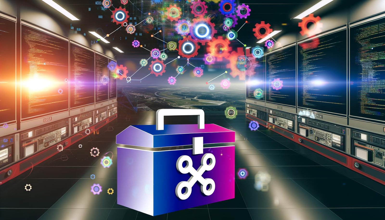 Modernes Maschinenraum-Setting mit n8n-Logo als Werkzeugkasten, technischen Geräten, Monitoren voller Code sowie schwebenden Prozessketten und Datenströmen.