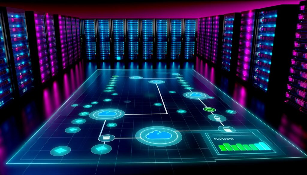 Serverraum mit digitalem Dashboard, das animierte Datenströme und Datenschutzkontrolle zwischen Browser und Server darstellt, umgeben von futuristischer LED-Beleuchtung.