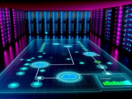 Serverraum mit digitalem Dashboard, das animierte Datenströme und Datenschutzkontrolle zwischen Browser und Server darstellt, umgeben von futuristischer LED-Beleuchtung.