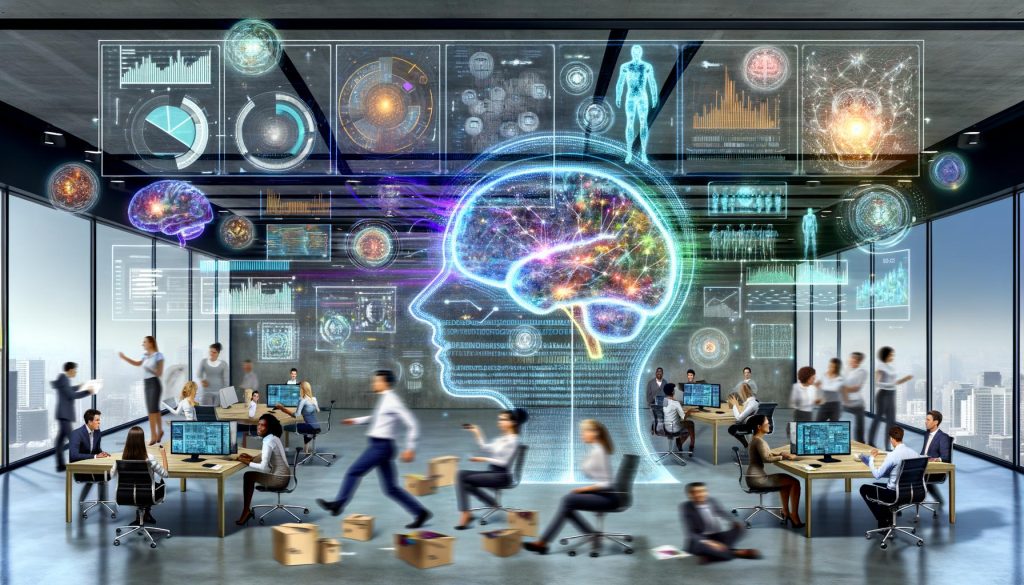 Futuristisches Büro mit vielfältigen Marketern, die an digitalen Bildschirmen arbeiten, umgeben von Datenflüssen, holografischem KI-Gehirn und klassischen Werbesymbolen im Hintergrund.