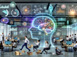 Futuristisches Büro mit vielfältigen Marketern, die an digitalen Bildschirmen arbeiten, umgeben von Datenflüssen, holografischem KI-Gehirn und klassischen Werbesymbolen im Hintergrund.