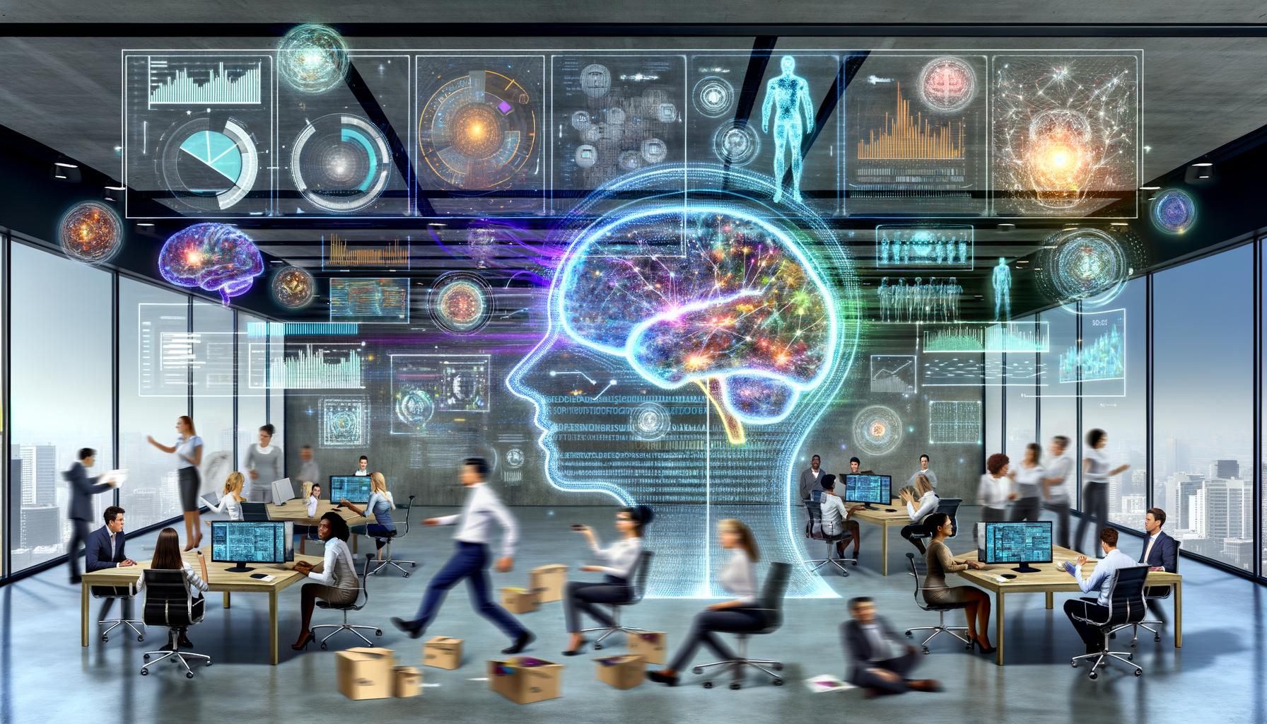 Futuristisches Büro mit vielfältigen Marketern, die an digitalen Bildschirmen arbeiten, umgeben von Datenflüssen, holografischem KI-Gehirn und klassischen Werbesymbolen im Hintergrund.