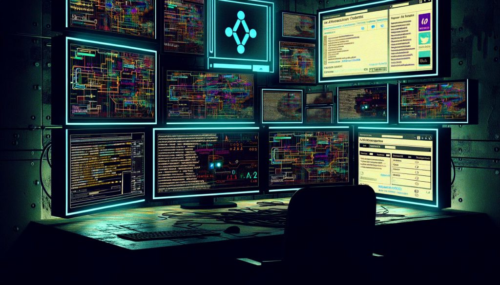 Dunkler Arbeitsplatz mit mehreren Monitoren voller Code, Phantombuster Logo, Dashboards, Social-Media-Seiten und visualisierten Automatisierungs-Pipelines im Hacker-Stil.