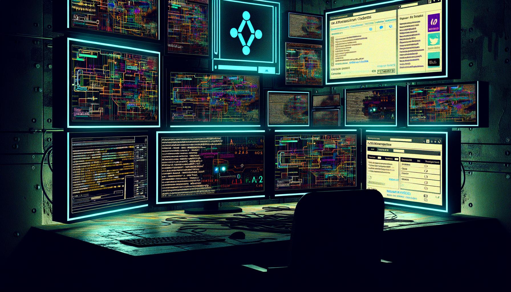 Dunkler Arbeitsplatz mit mehreren Monitoren voller Code, Phantombuster Logo, Dashboards, Social-Media-Seiten und visualisierten Automatisierungs-Pipelines im Hacker-Stil.