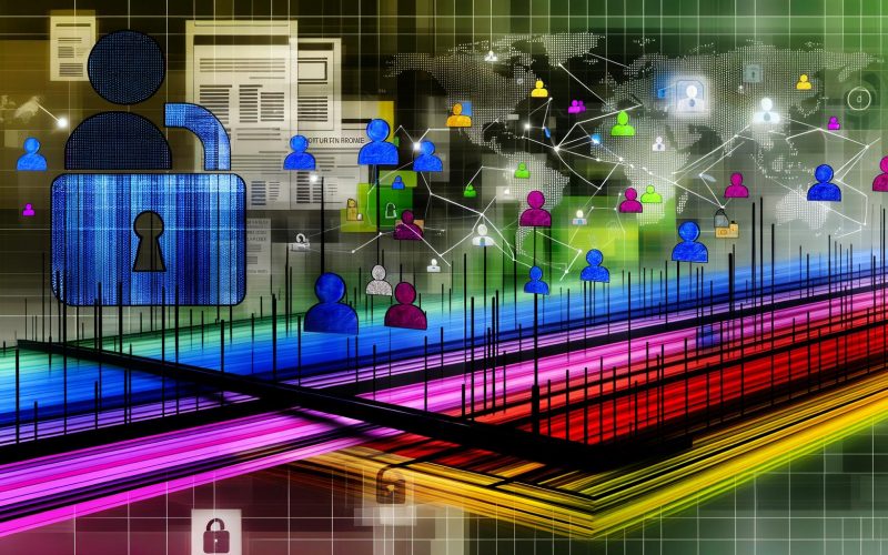 Abstraktes Titelbild mit Google-Analytics-Dashboard, farbigen Datenströmen, verbundenen Icons von Smartphone, Tablet und Desktop, Mosaik aus transparenten Nutzer-Silhouetten und Privacy-Symbolen wie Schloss und DSGVO-Paragrafen.